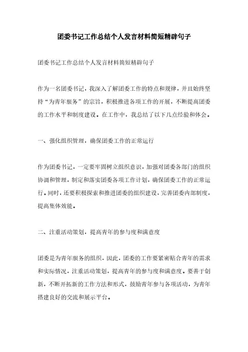 团委书记工作总结个人发言材料简短精辟句子
