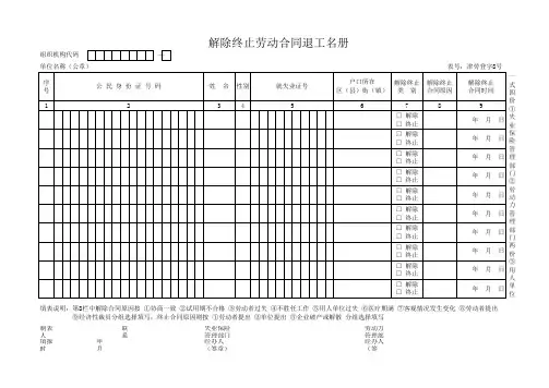 津劳登记8号表(解除终止劳动合同退工名册)