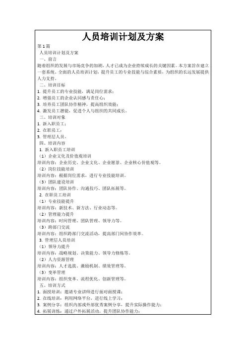 人员培训计划及方案
