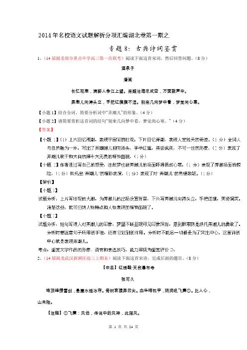 专题08 古典诗词鉴赏-2014届高三名校语文试题精选精析分省汇编系列(湖北版)(第01期)(解析版)