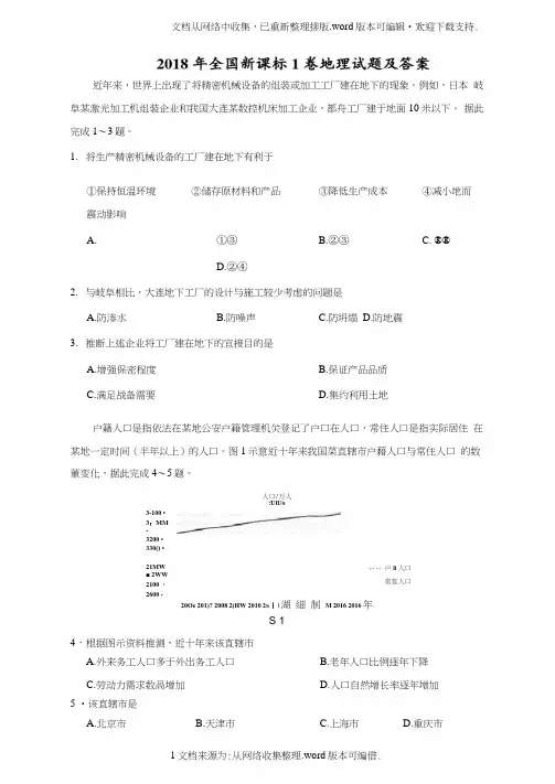 2020年高考全国新课标1卷地理试题及答案