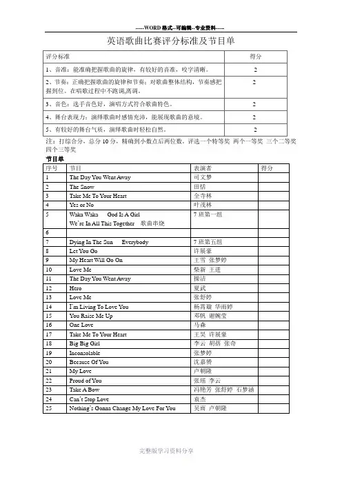 英语歌曲比赛评分表