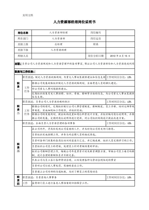 人力资源部经理岗位说明书