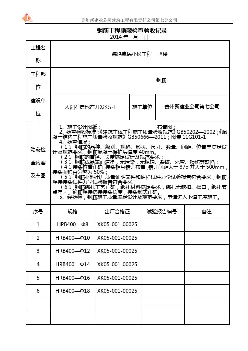钢筋工程隐蔽检查验收记录