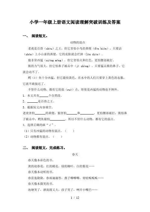 小学一年级上册语文阅读理解突破训练及答案