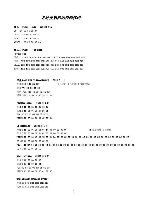 各种投影机的控制代码