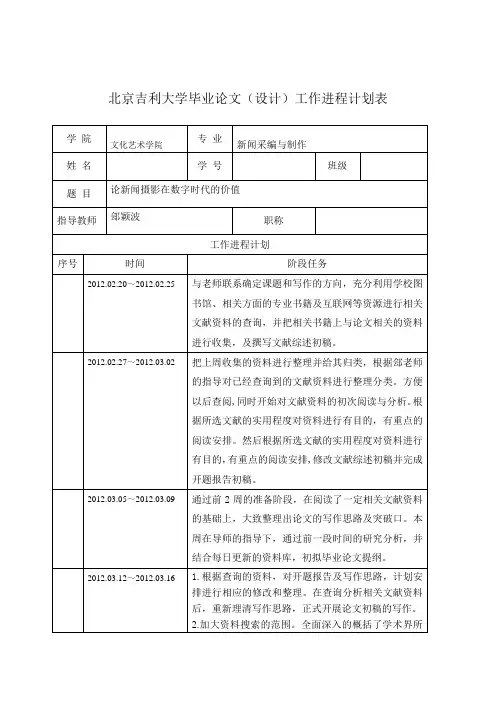 毕业论文(设计)工作进程计划表