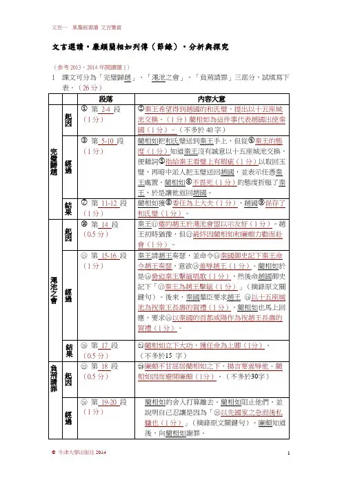 廉颇蔺相如列传 试题及答案