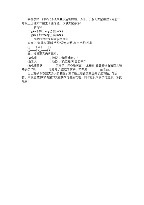 必备的三年级上册语文《三袋麦子》练习题精选免费范文