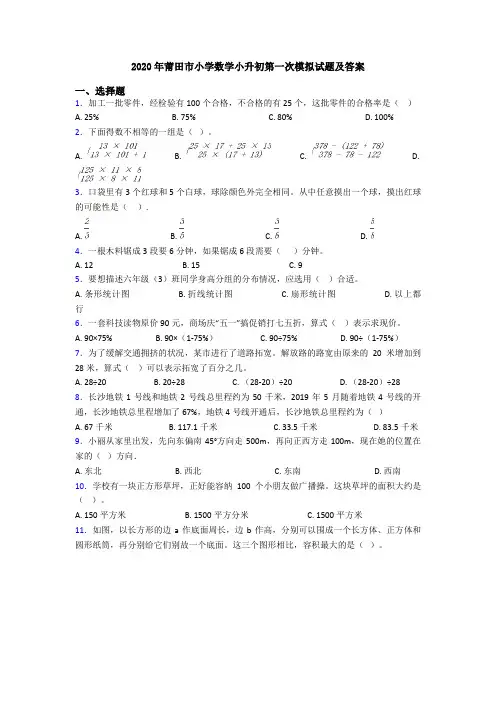 2020年莆田市小学数学小升初第一次模拟试题及答案