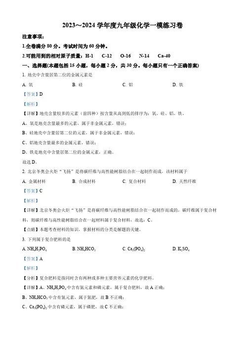 2024年江苏省南京市中考化学一模练习卷(解析版)