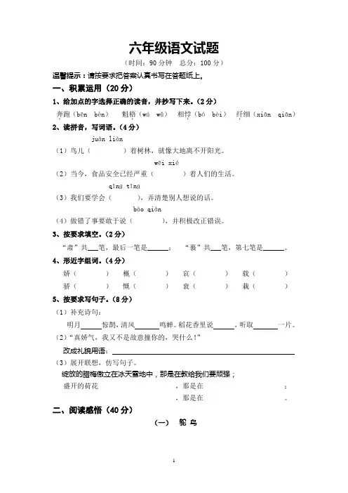六年级上册期末语文试题及答案