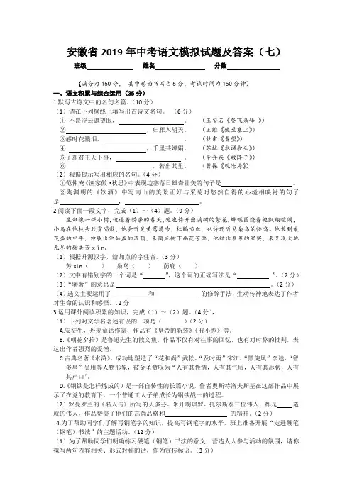 安徽省2019年中考语文模拟试题及答案(七)