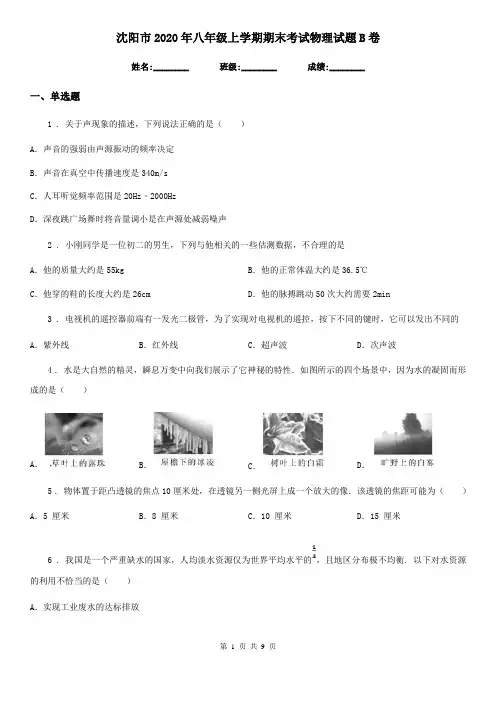 沈阳市2020年八年级上学期期末考试物理试题B卷