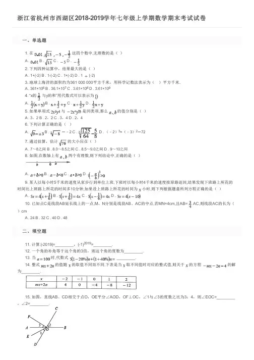 浙江省杭州市西湖区2018-2019学年七年级上学期数学期末考试试卷及参考答案