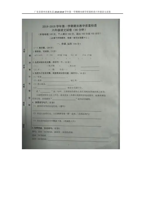 六年级上册语文试题-广东省惠州市惠东县 18-19 期末 质量检测人教新课标(含答案)