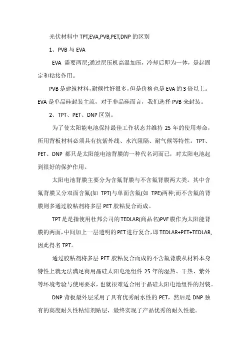光伏材料中TPT,EVA,PVB,PET,DNP的区别