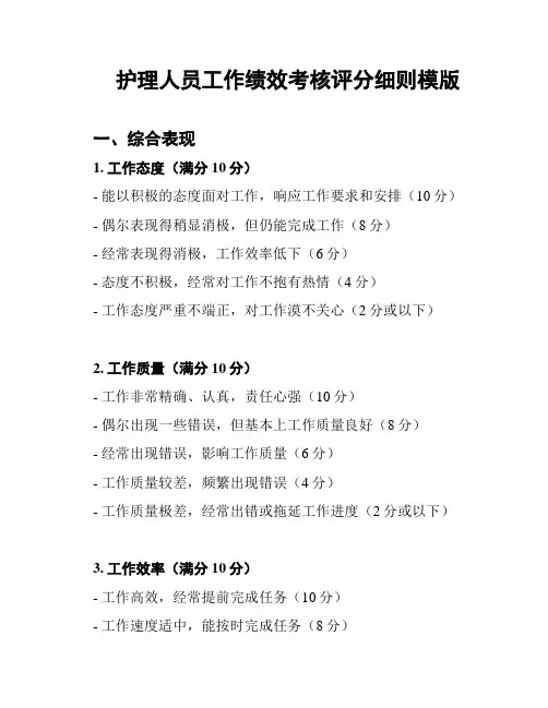 护理人员工作绩效考核评分细则模版