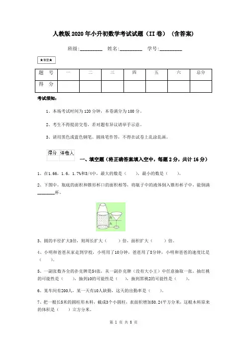 人教版2020年小升初数学考试试题(II卷) (含答案)