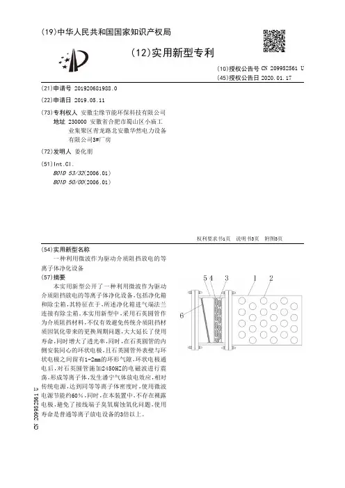 【CN209952561U】一种利用微波作为驱动介质阻挡放电的等离子体净化设备【专利】