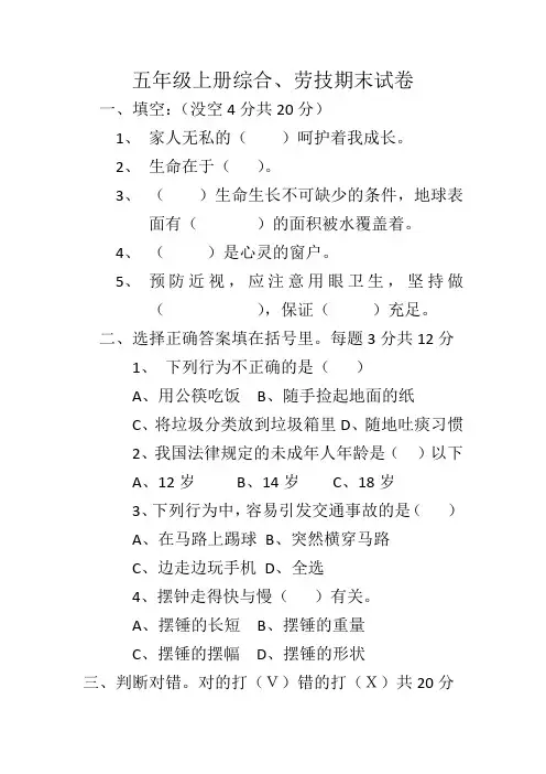 五年级上册综合劳技期末试卷