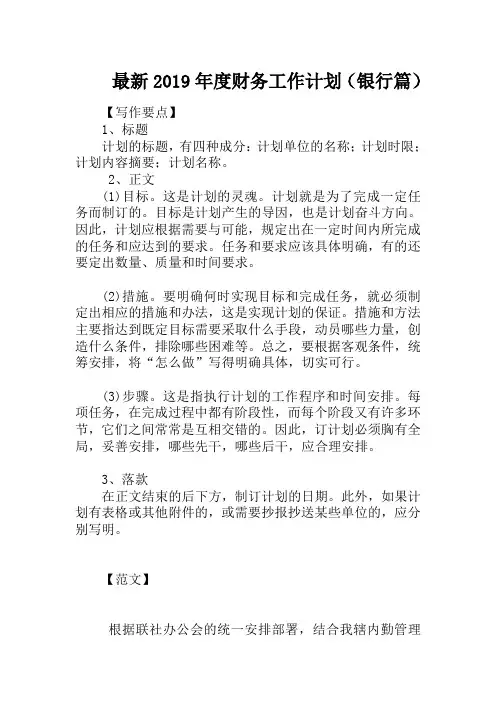 最新2019年度财务工作计划(银行篇)