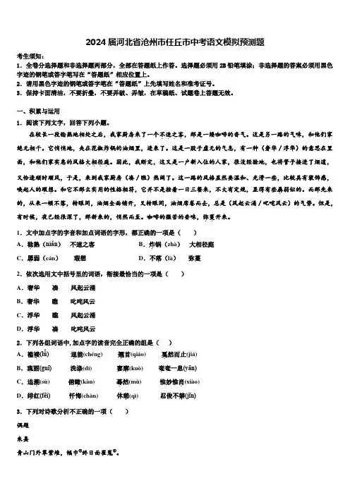 2024届河北省沧州市任丘市中考语文模拟预测题含解析