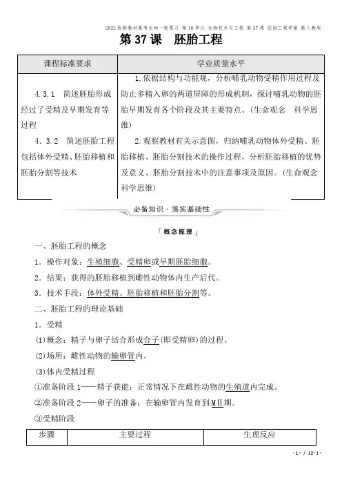 2022版新教材高考生物一轮复习 第10单元 生物技术与工程 第37课 胚胎工程学案 新人教版