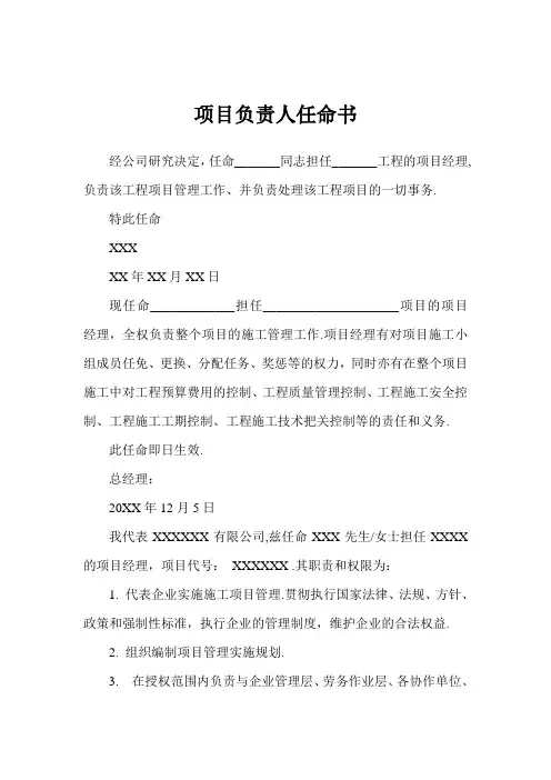 项目负责人任命书