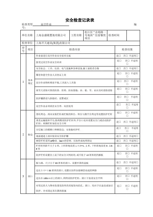 高空作业检查记录表【可编辑范本】