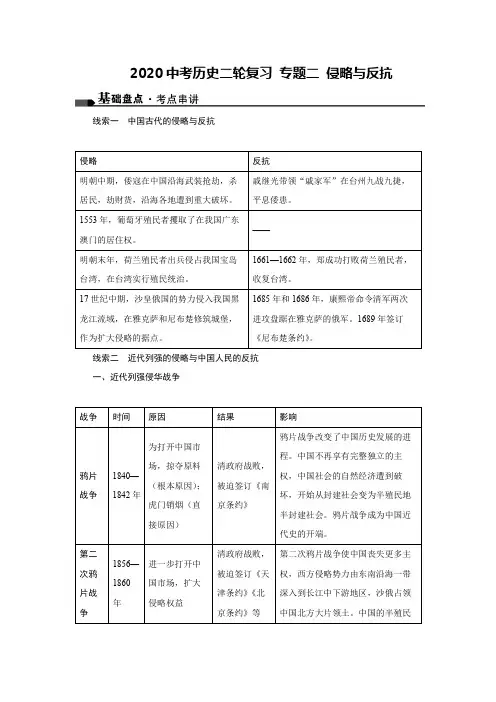 2020中考历史二轮复习 专题突破二 侵略与反抗
