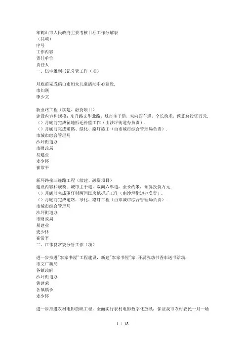 2011年鹤山市人民政府主要考核目标工作分解表