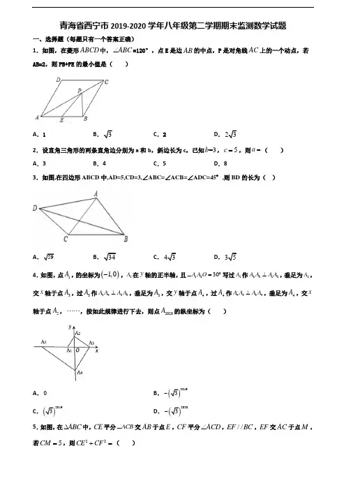 青海省西宁市2019-2020学年八年级第二学期期末监测数学试题含解析