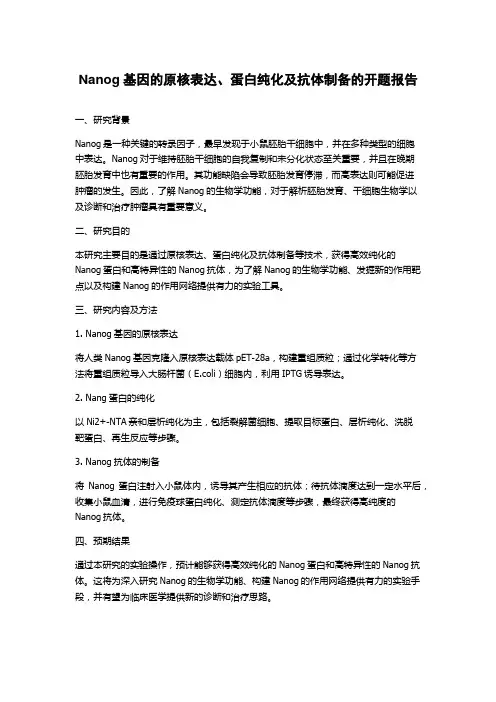 Nanog基因的原核表达、蛋白纯化及抗体制备的开题报告