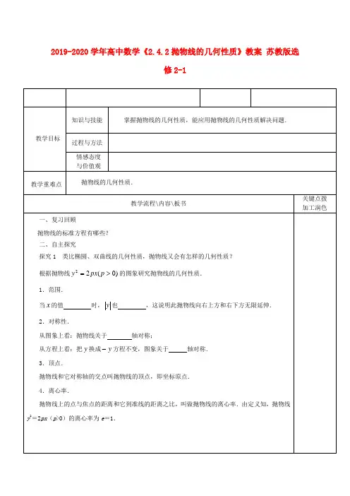 2019-2020学年高中数学《2.4.2抛物线的几何性质》教案-苏教版选修2-1