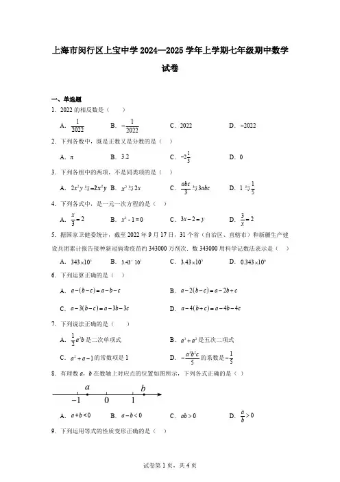 上海市闵行区上宝中学2024—2025学年上学期七年级期中数学试卷-L