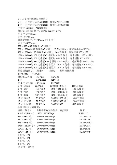 各种证件照片标准尺寸