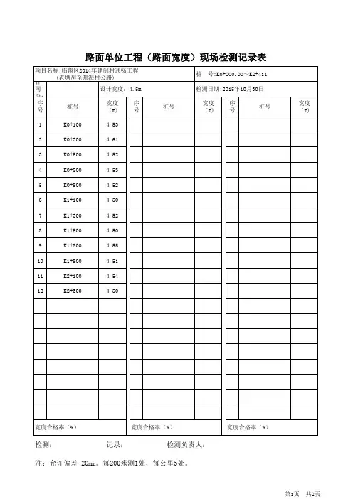 邦海路面单位工程宽度现场检测记录表(附5)