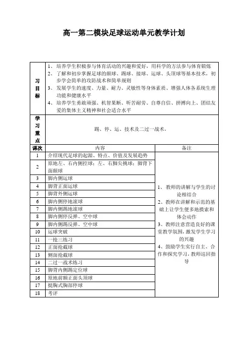 高一第二模块足球运动单元教学计划