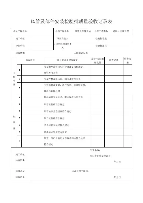 风管及部件安装检验批质量验收记录表