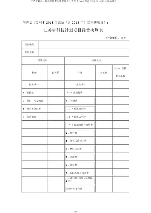 江苏省科技计划项目经费决算表附件2(适用于2013年以后(含2013年)立项的项目)：