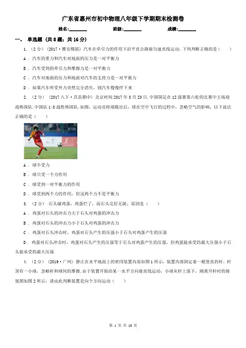 广东省惠州市初中物理八年级下学期期末检测卷