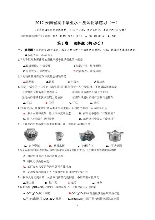2012云南省初中学业水平测试化学练习(一)