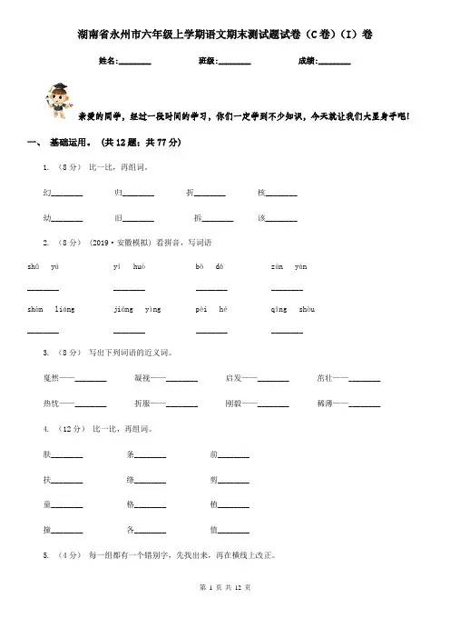 湖南省永州市六年级上学期语文期末测试题试卷(C卷)(I)卷