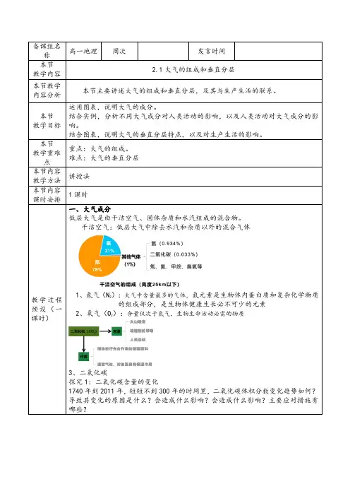 《大气的组成和垂直分层》参考教案