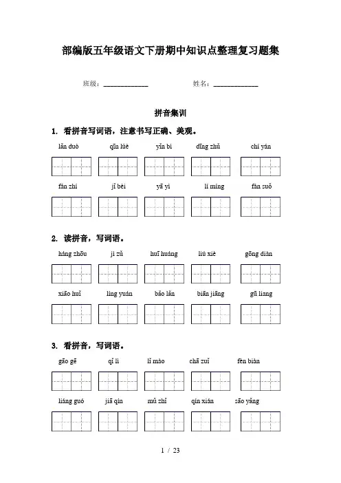 部编版五年级语文下册期中知识点整理复习题集