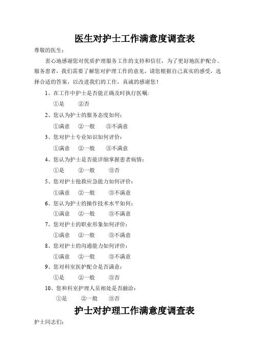 医生对护士工作满意度调查表(1)