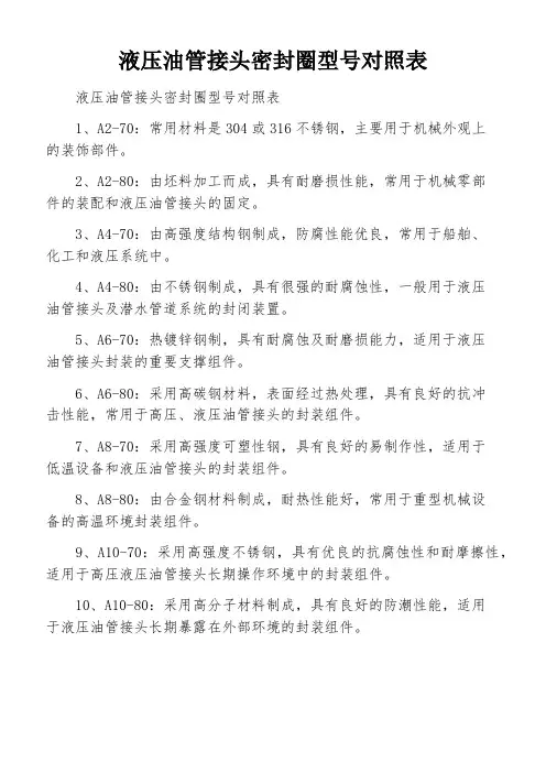 液压油管接头密封圈型号对照表