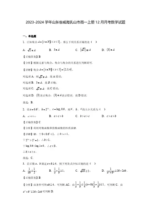 2023-2024学年山东省威海乳山市高一上册12月月考数学试题(含解析)