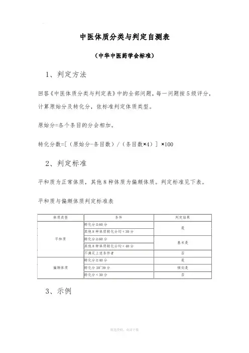 中医体质分类与判定自测表(中华中医药学会标准)
